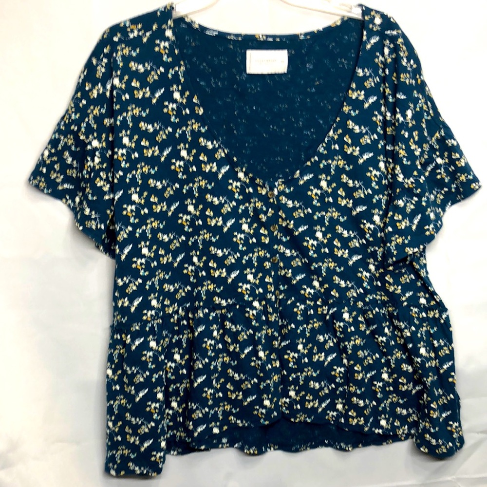 Lucky Brand Aqua/Teal/Blue Floral Button Up Top, Size Xxl